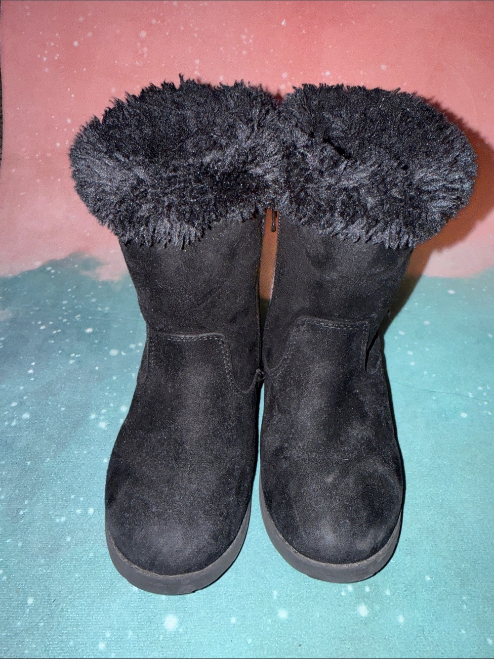 Cat & Jack Black Faux Suede Winter Boots with Plush Cuff girls 10